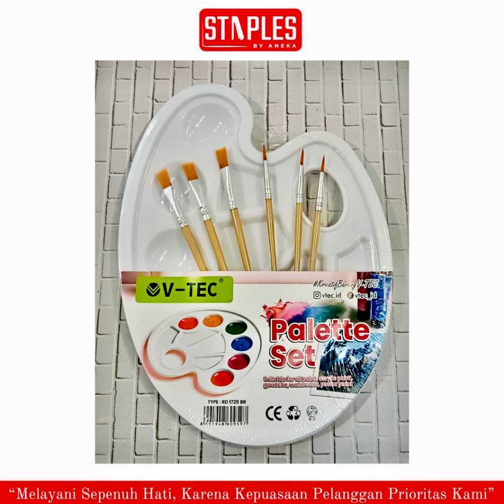 V-tec Palette RD 1725 / ชุดพาเลทวาดภาพ + แปรง 6 ชิ้น / จานสีพลาสติกรูปไข่สีขาว RD-1725 BR / แปรงทาสี
