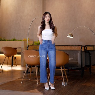 Chiva Jeans - Celana Highwaist Loose Jeans Wanita Kulot Garis Bahan Stretch Panjang Jumbo 27-42