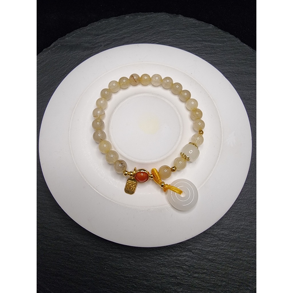คริสตัลทอง Rutile Gold Fiber Donut White Agate Quartz สร้อยข้อมือหินธรรมชาติเต็มรูปแบบ 6 มม. F1334