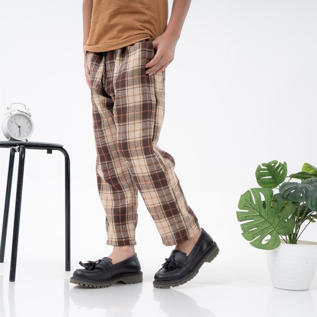 Tartan Angkle Relax Pants สําหรับเด็กชายและเด็กหญิงผ้าสักหลาดลายสก๊อต