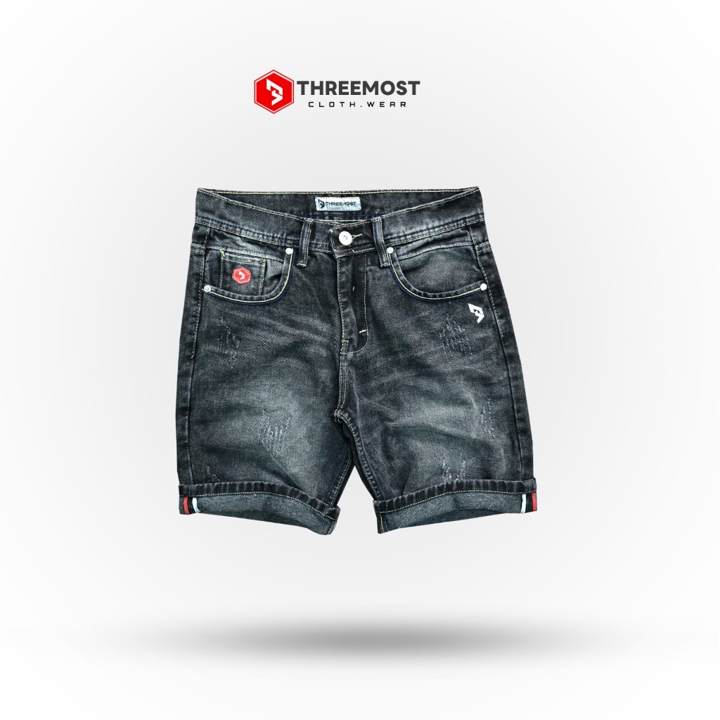 สามมากที่สุด - กางเกงยีนส์ขาสั้นผู้ชายสีดําด้อย 97 Selvedge Ripped Premium