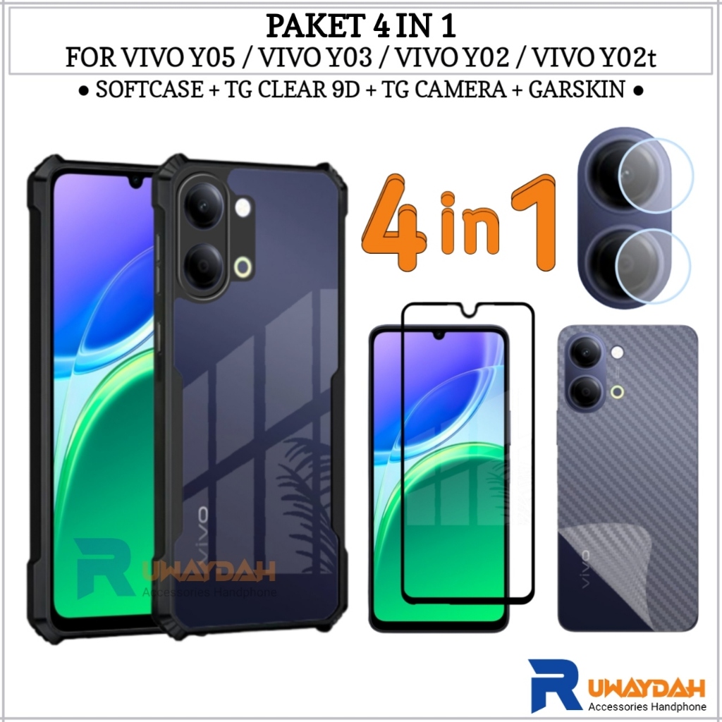 Vivo Y05 Y03 Y02 Y02t Softcase Package Anti-Scratch Casing Full Tempered Glass Camera Garskin