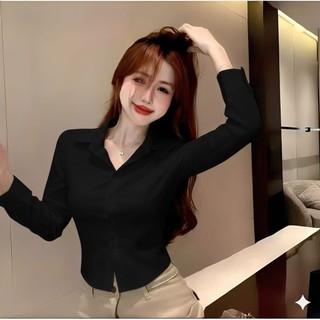 Kemeja Crop Top Wanita Lengan Panjang Slim Fit Korea Style Katun Premium