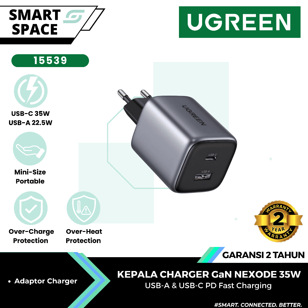 UGREEN GaN Dual Port USB A & USB Type C หัวชาร์จเร็ว 35W 15539 - รับประกัน 12 เดือนอย่างเป็นทางการ