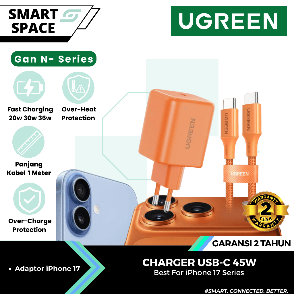 UGREEN เครื่องชาร์จสําหรับ iPhone 17 Pro Max PD Type C ชาร์จเร็ว 40w 45w - ADP GAN N SINGLE ORANGE