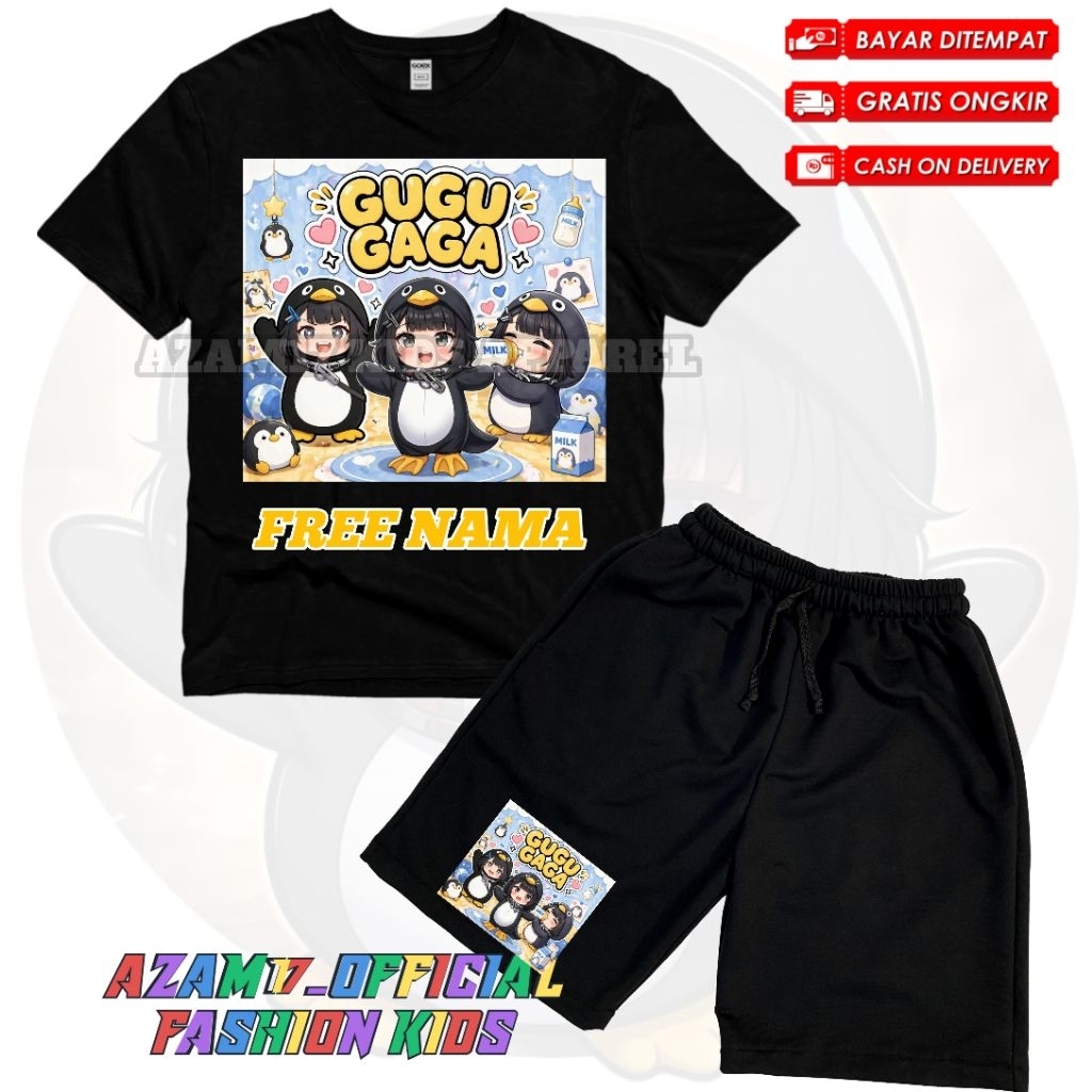 Gugu Gaga Penguin ชุดเสื้อยืดและกางเกงขาสั้นสําหรับเด็กน่ารักพร้อมชื่อฟรี / Gugu Gaga ชุดเสื้อยืดเด็กและกางเกงขาสั้นน่ารัก Penguin