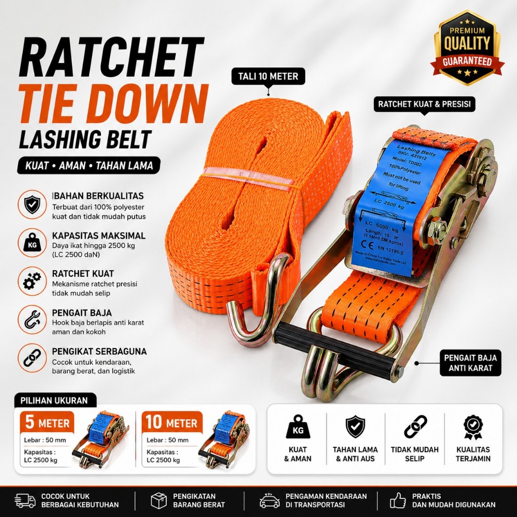เชือกตัดสินค้า 2" X 10 เมตร Ratchet Tie Down 2 ตัน X 10m Recet Tie Down 2x10 วัสดุที่แข็งแกร่ง VERY 