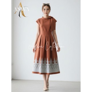 ASWA COLLECTION- Dress Tenun Elegan Motif Nusantara - Dress Tenun Handmade Cemara Orange Bestseller