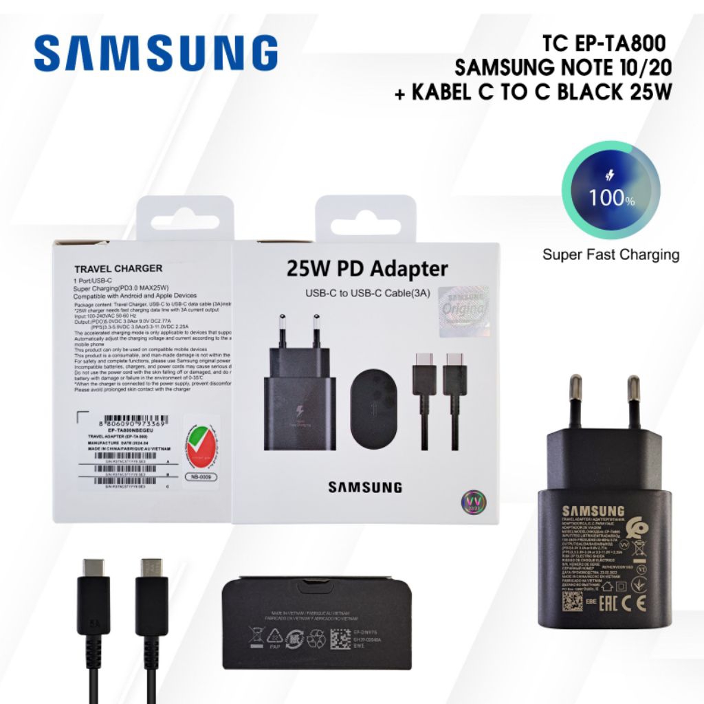 TRAVEL CHARGER ADAPTER CABLE SAMSUNG 25W TA800 NOTE 10/20 C TO C VB