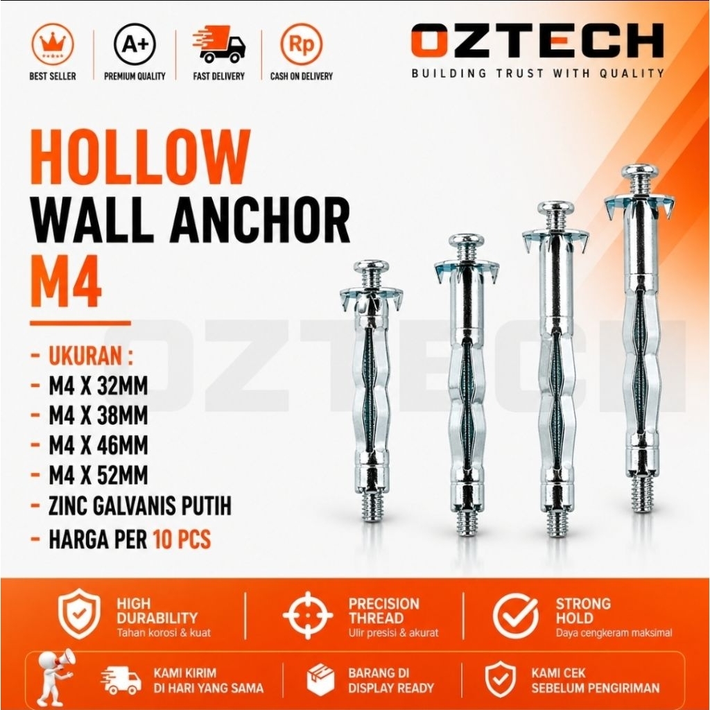 OZTECH Hollow Wall Anchor M4 ยิปซั่ม Wall Anchor Bolts Hollow สังกะสีสีขาวเนื้อหา 10 ชิ้น