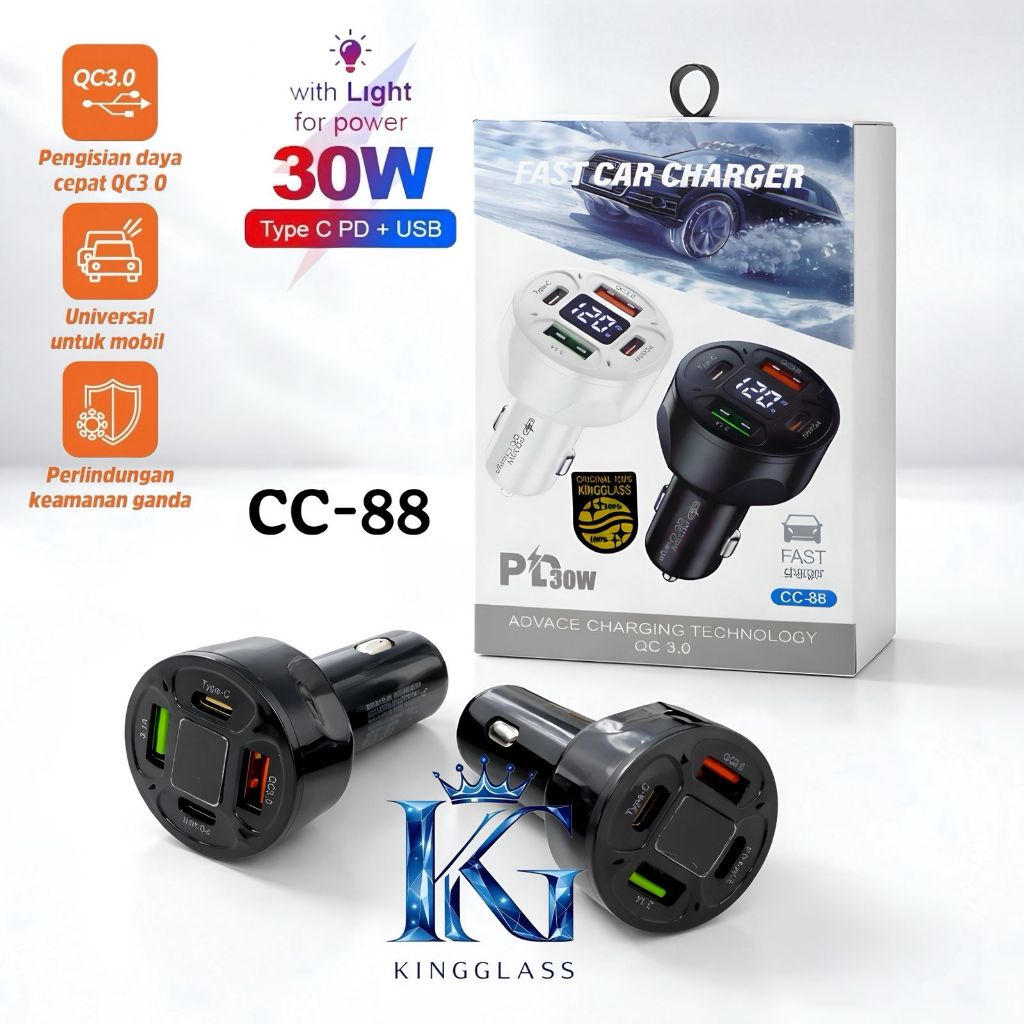 CC-88 30W Fast Charging QC 3.0 + PD Type-C USB LED Saver Display 4 Port Universal Car Charger [SR]