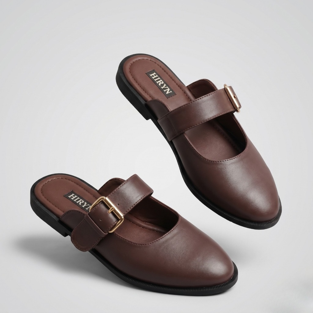 Womens Mules Flatshoes รองเท้าทํางานที่หรูหรา รองเท้าส้นสูง 2 ซม. Vienna Brown HIRYN