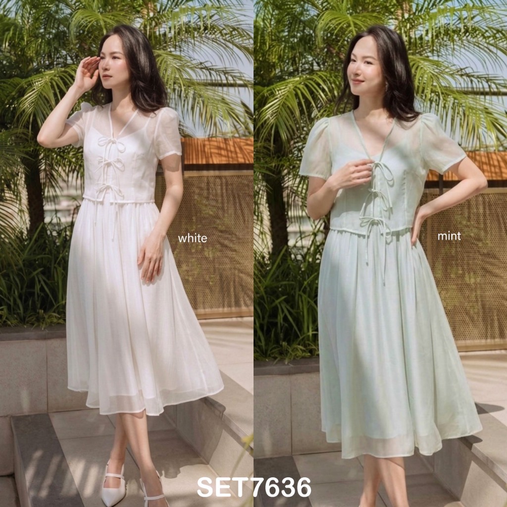 SET7636 Gwen Slip Dress with Ribbon Blazer Set / Fashion Outer Dress Set
