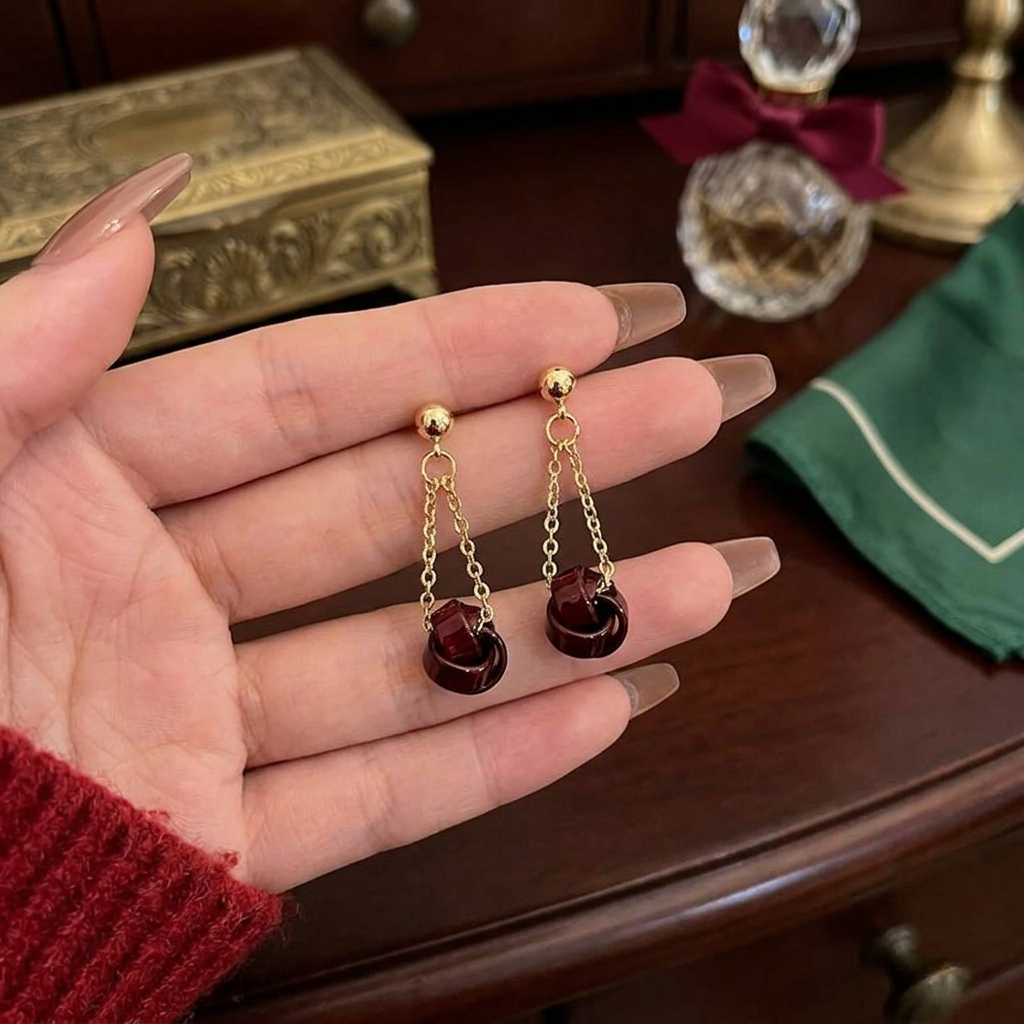 Iris Studio - Esme Red Elegant Earring - เครื่องประดับต่างหูผู้หญิง Maroon เกาหลีหรูหรา - ต่างหู