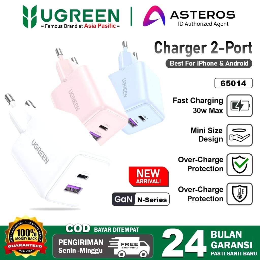 UGREEN GaN หัวชาร์จ USB A พอร์ตคู่ + USB C ชาร์จเร็ว 30W