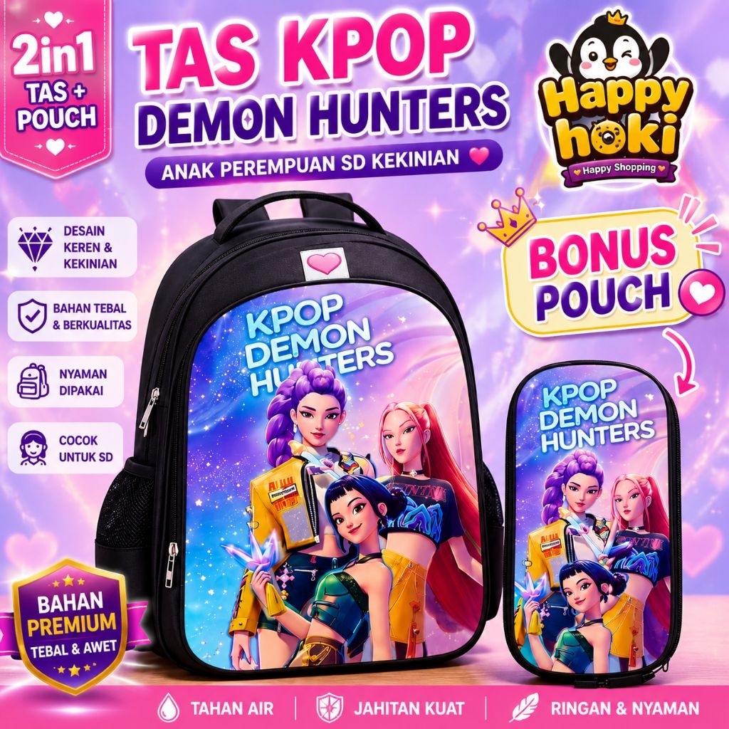 KPOP Demon Hunters 2in1 กระเป๋านักเรียนหญิง + กระเป๋าฟรี, ตัวละครสมัยใหม่โรงเรียนอนุบาลกระเป๋าเป้สะพ