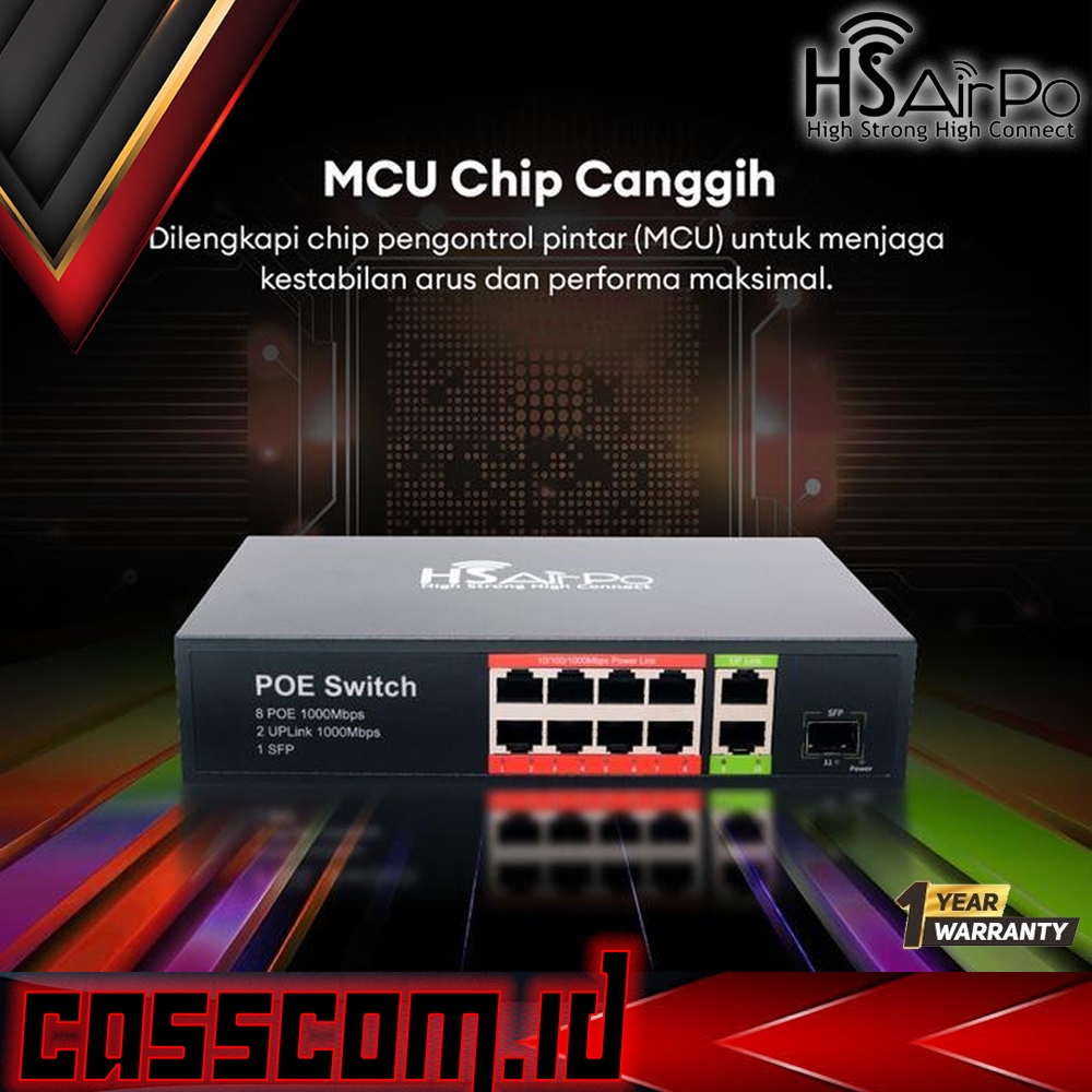HSAIRPO SG1081FP POE Switch 8 Port POE Gigabit 1000Mbps + 2 Uplink Gigabit + 1 SFP 1.25G, 96W Networ