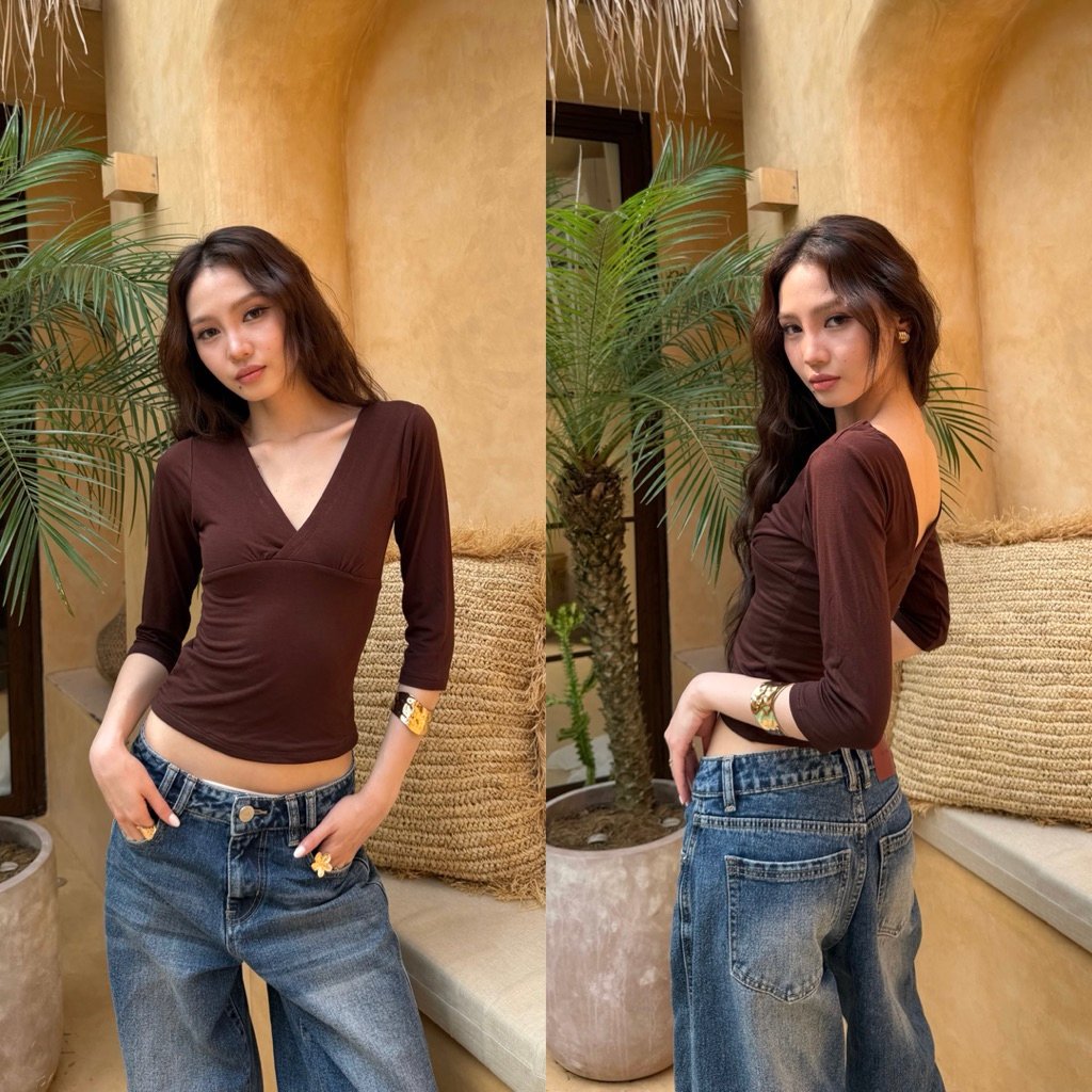 LASTAL LONGSLEEVE TOP | ผู้หญิง3/4แขนโวลต์คอติดตั้งด้านบนผ้าฝ้ายพื้นฐานสบายๆยืด | PRETTY BASIC