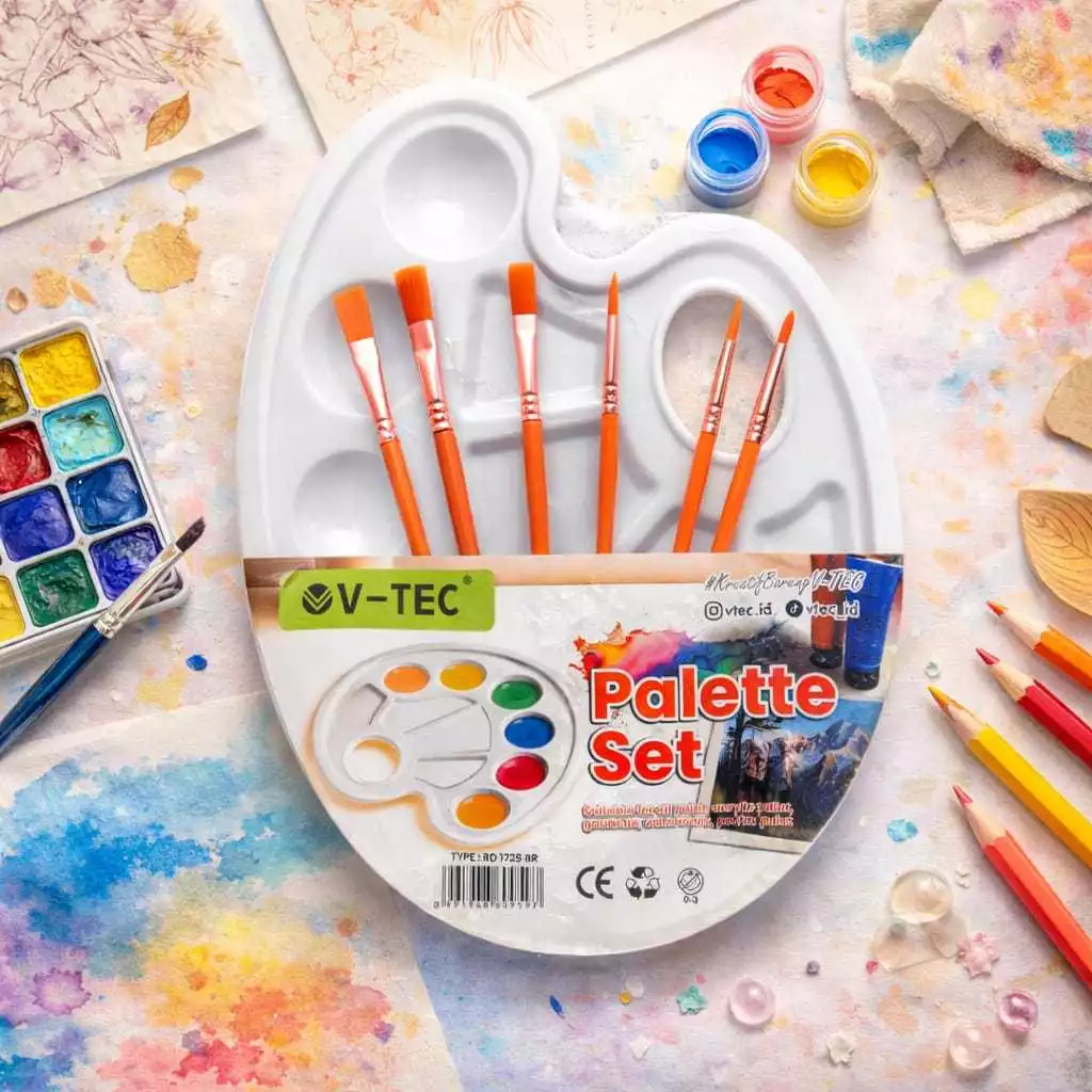 V-TEC Painting Palette Set + แปรง 6 ชิ้น - จานสีพลาสติกวงรีสีขาว RD-1725 BR - แปรงทาสี