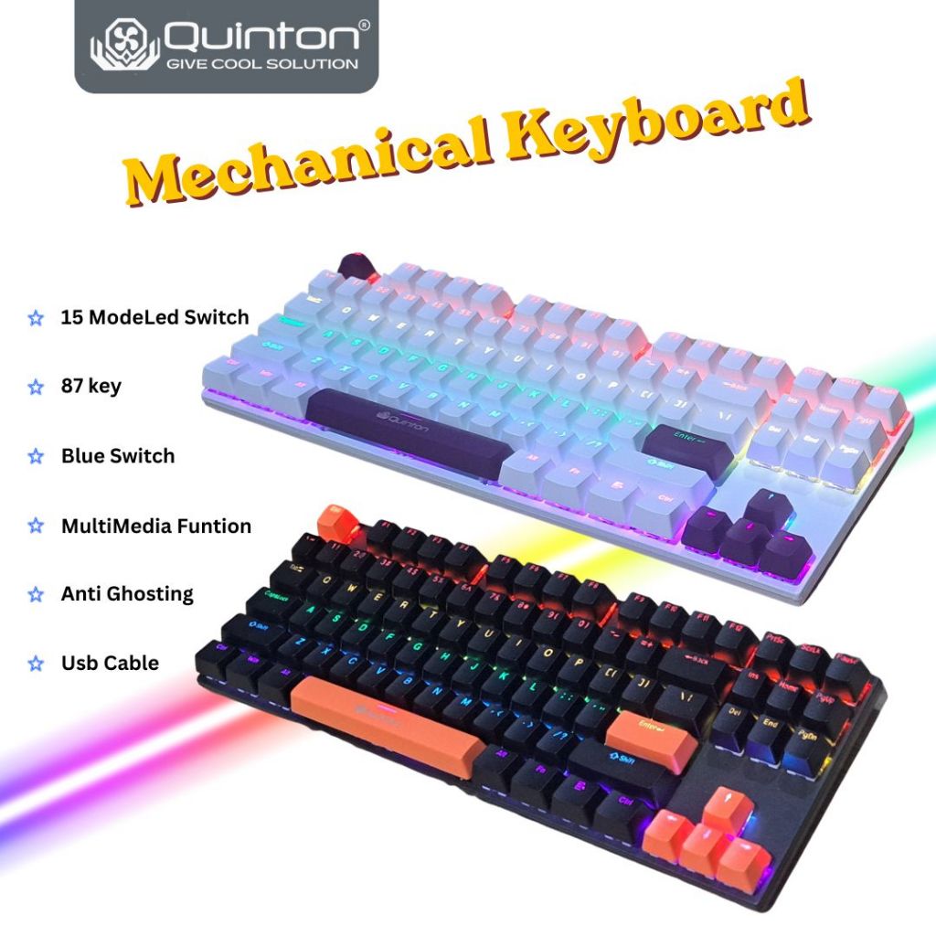 Quinton GK-87 คีย์บอร์ดเกมกล 87 คีย์แบบมีสาย USB Blue Switch LED 15 โหมด Anti Ghosting 100%