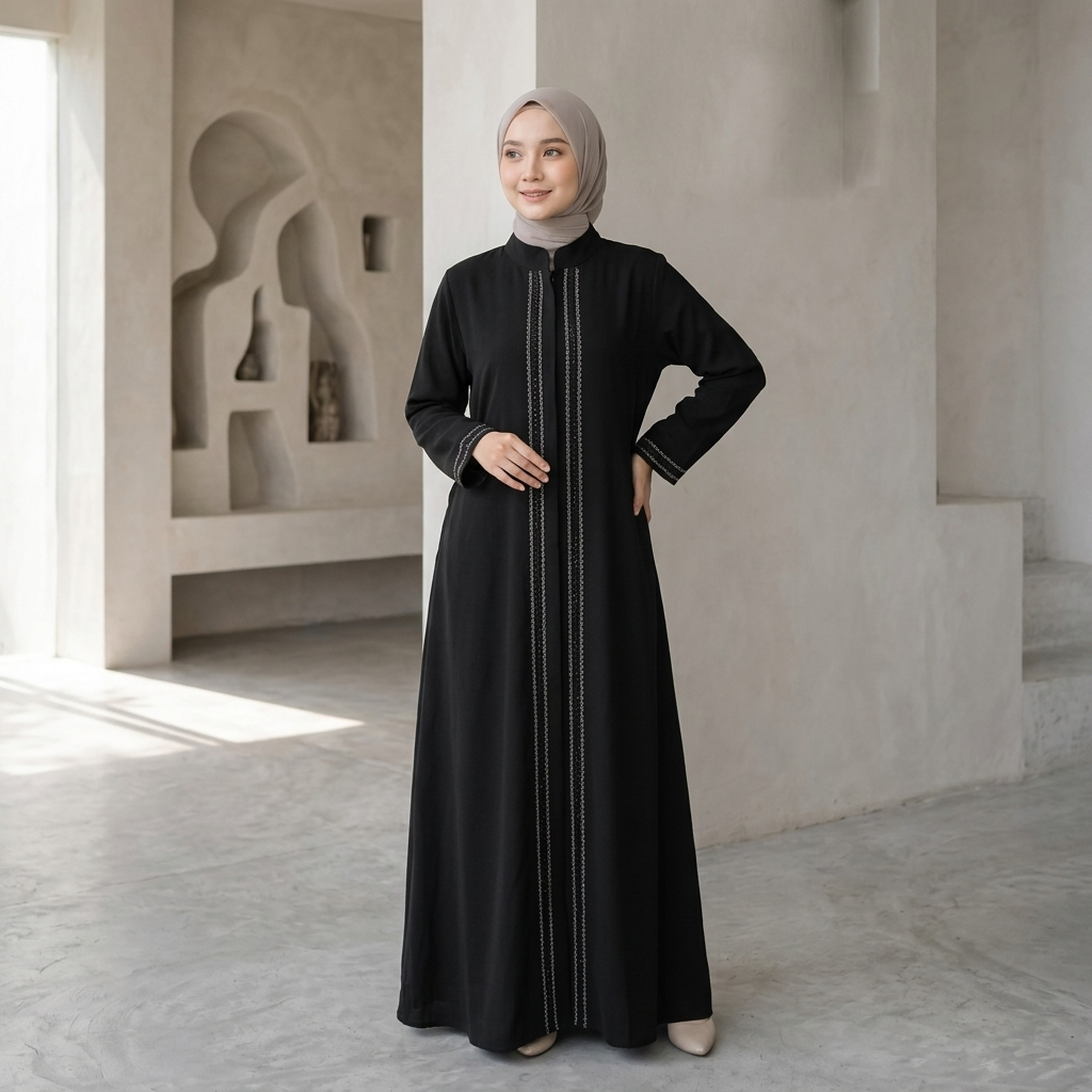 ล่าสุดสีดํา Abaya Sabrina ANTI UV Swarovski Accent ชุด Abaya มุสลิมที่หรูหราและสะดวกสบาย