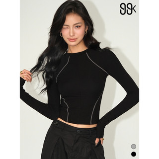 99kOUTLET Women Long Sleeve Top Contrast Crew Neck Plain 3349 (S/M/L/XL)