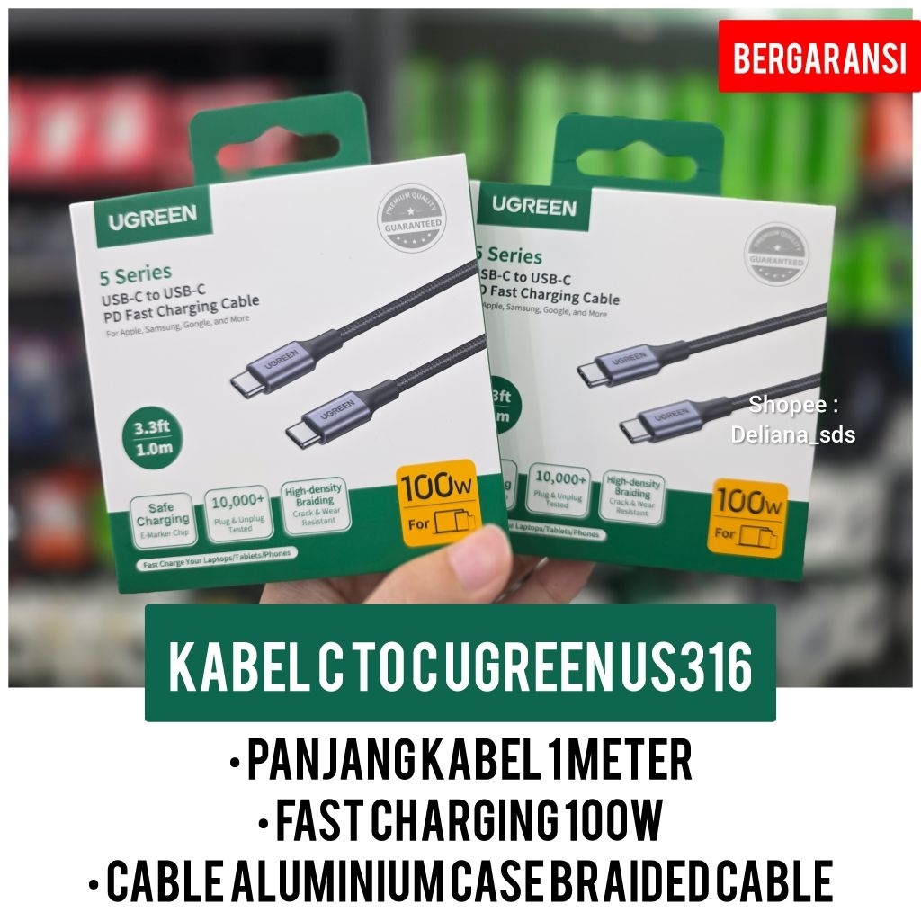 สาย Ugreen C ถึง C US316 Fast Charging 100W 1 เมตรสาย C ถึง C Ugreen สาย Type C Ugreen สาย Type C Ug
