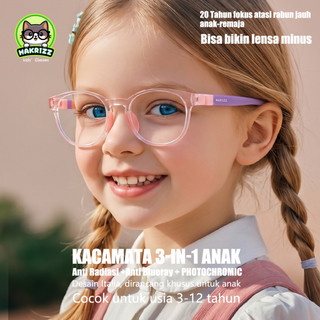 MAKRIZZ Kacamata Anti Radiasi Anak Photochromic Kacamata Minus Normal Silikon Perempuan Laki Laki