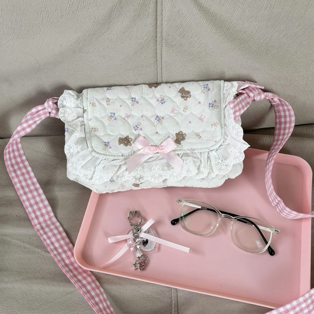 Mocorie - Floralish Coquette Ribbon Lace Sling Bag / Coquette Sling with Bear Ribbon Motif / coquett