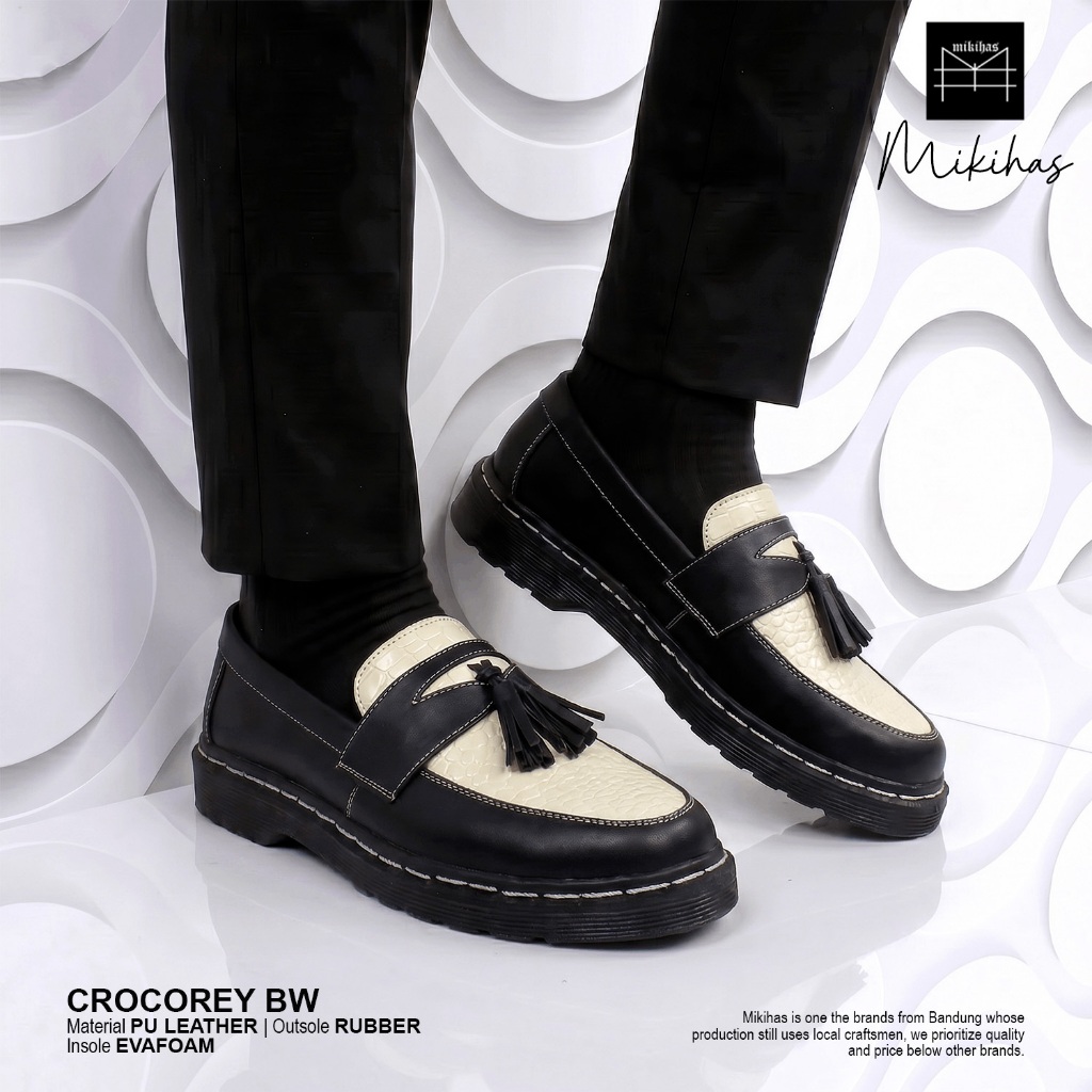 Mikihas - Original รองเท้าโลฟเฟอร์หนังจระเข้ลําลองผู้ชาย - Crocorey BW