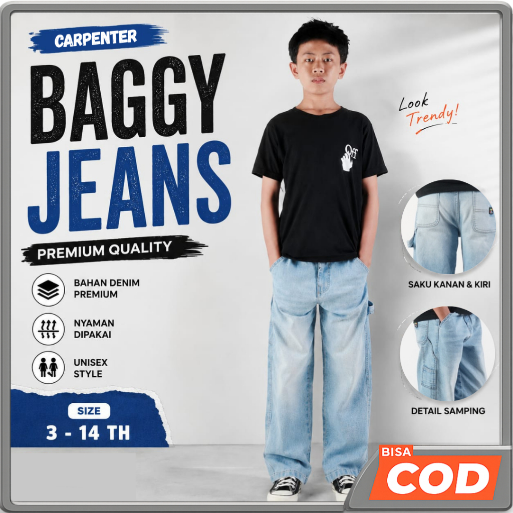 MADBALS Carpenter Baggy Pants Jeans Jeans Ice Blue Stretch Boys | หญิง หญิง | Unisex 3-14 Years BB 1