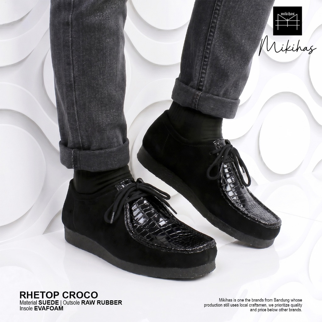 Mikihas - รองเท้าลําลองผู้ชายรองเท้าผ้าใบหนังนิ่มสีดํา Wallabee Rhetops Croco