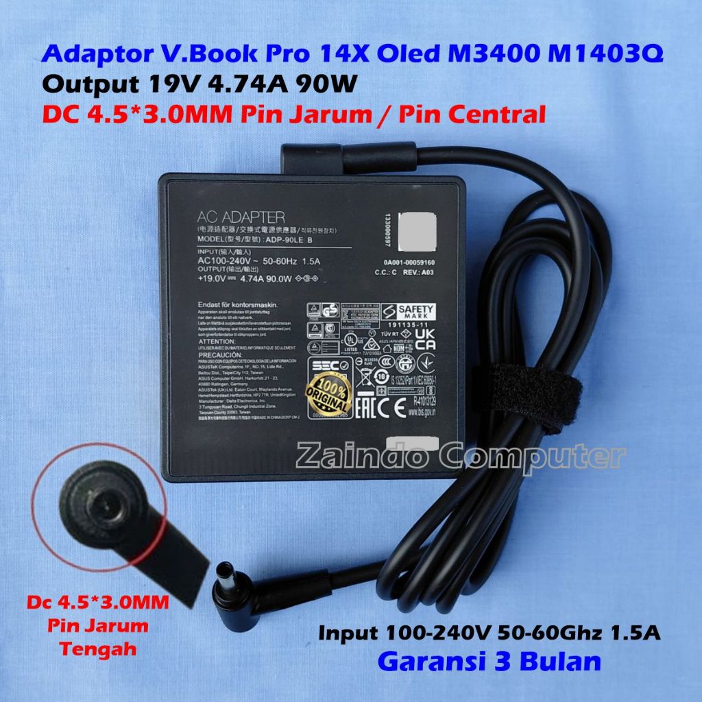 ASUS VIVOBOOK ADAPTER 19V 4.74A 90W (4.5*3.0MM) PIN CENTRAL PRO 14X OLED M3400 M1403Q ZENBOOK UX51V 