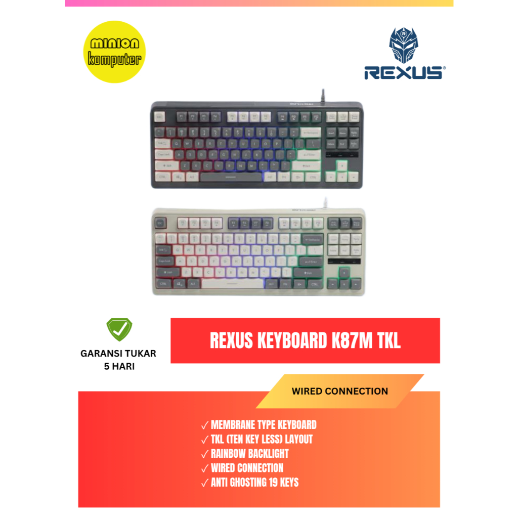 TOMBOL Rexus Battlefire K87M Gaming Keyboard - การออกแบบย้อนยุค, โหมด LED 2 โหมด, ปุ่มป้องกันการกอด 