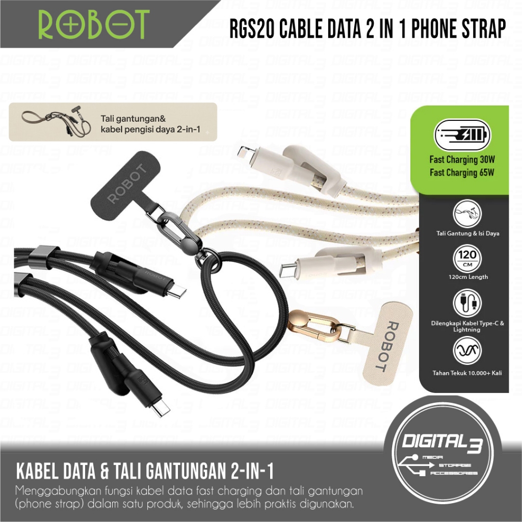 ROBOT RGSCC120 RGSCL120 Type C ถึง C 65W Type C ถึง Lightning 30W สายคล้องโทรศัพท์ 120 ซม.เดิม