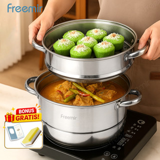 [Ready] freemir lifestyle Panci Kukus Stainless Steel 3/2 Tingkat Panci Rebus Steamer Serbaguna Anti Karat Cocok untuk mengukus ikan dan nasi