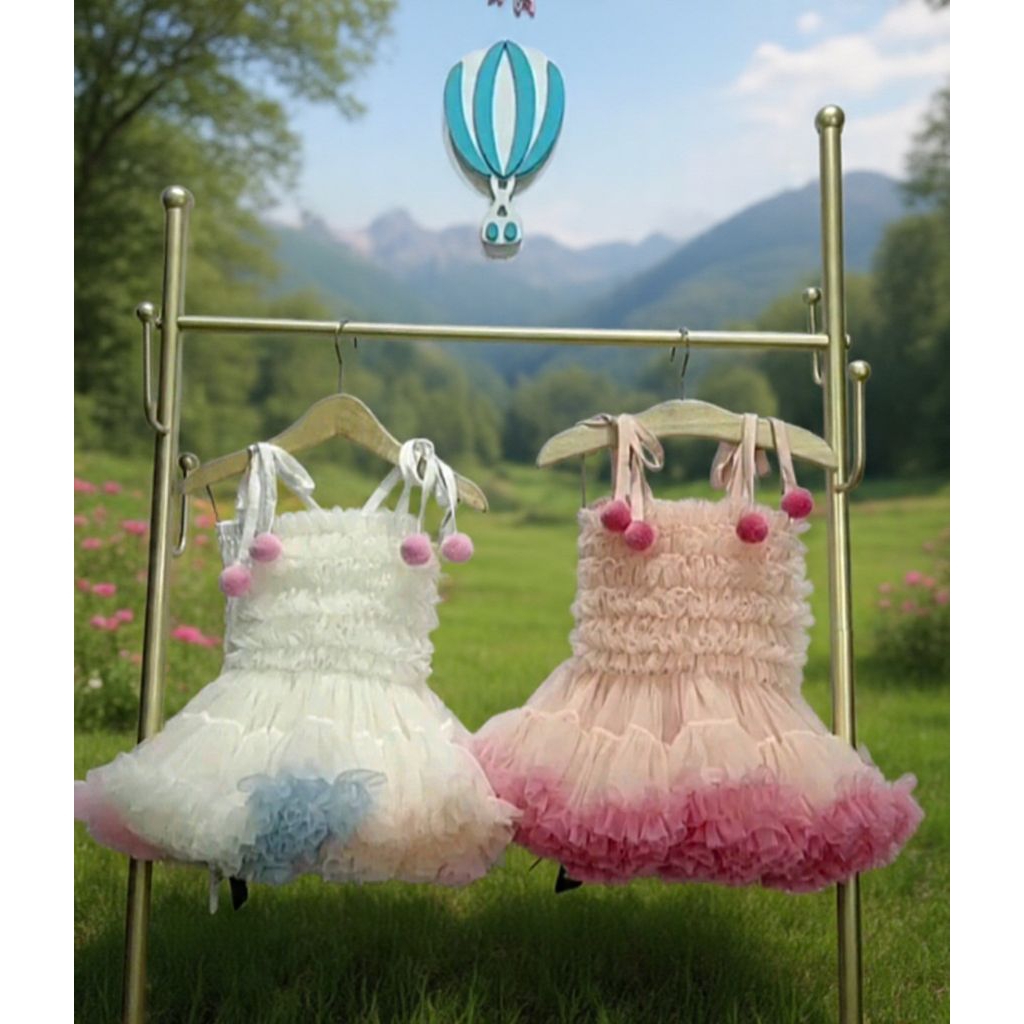 TODDLER DRESS WITH POMPOM STRAP BIRTHDAY DRESS TUTU SKIRT DRESS