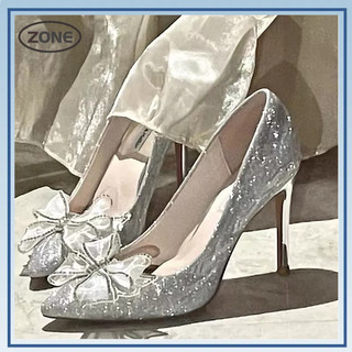  Aroana Zone Kristal Perak Busur Gaun Sepatu Hak Tinggi Wanita Stiletto Pengiring Pengantin Baru  Gadis Pernikahan Sepatu