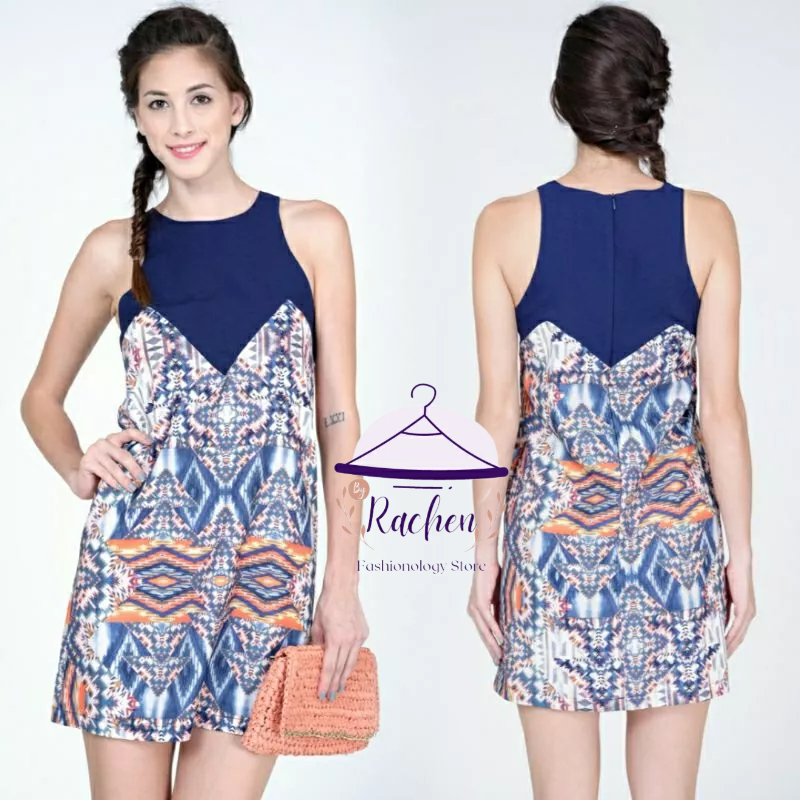 MDS Collections ~ ชุดสตรี Navy Tribal Print Dakota Sleeve Shift Dress ใน Aztec