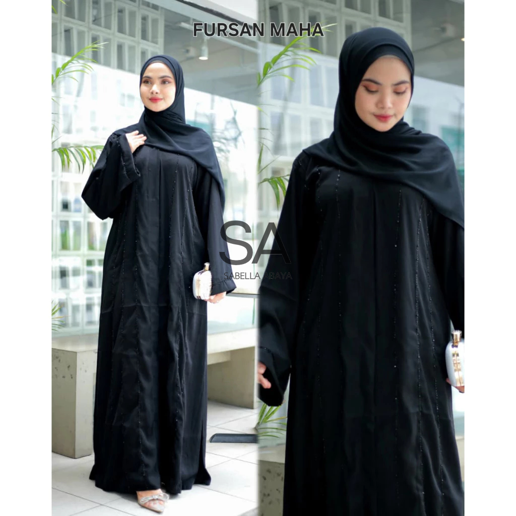 FURSAN MAHA ABAYA BLACK GAMIS FURSAN MATERIAL BLACK MAXI DRESS สําหรับ TEENS, ผู้หญิง, ผู้ใหญ่, TURK