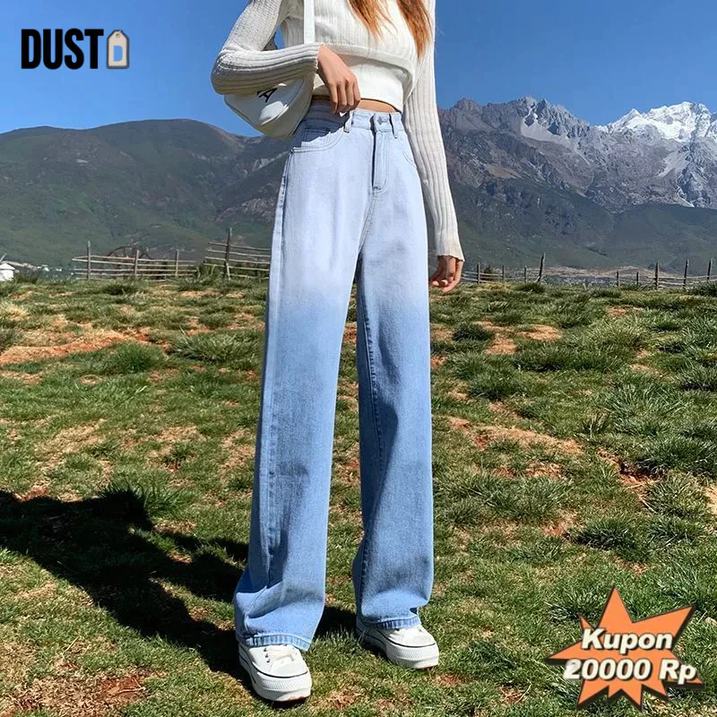 [จัดส่งฟรี] Dust Long Jeans Ombre Blue Dark Soft Blue Loose Jeans Korean Style Highwaist Simple Eleg