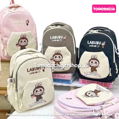 TM/ Laptop Backpack Parachute School Backpack for Teenagers Labubu The Monster Exiting Macaron Front