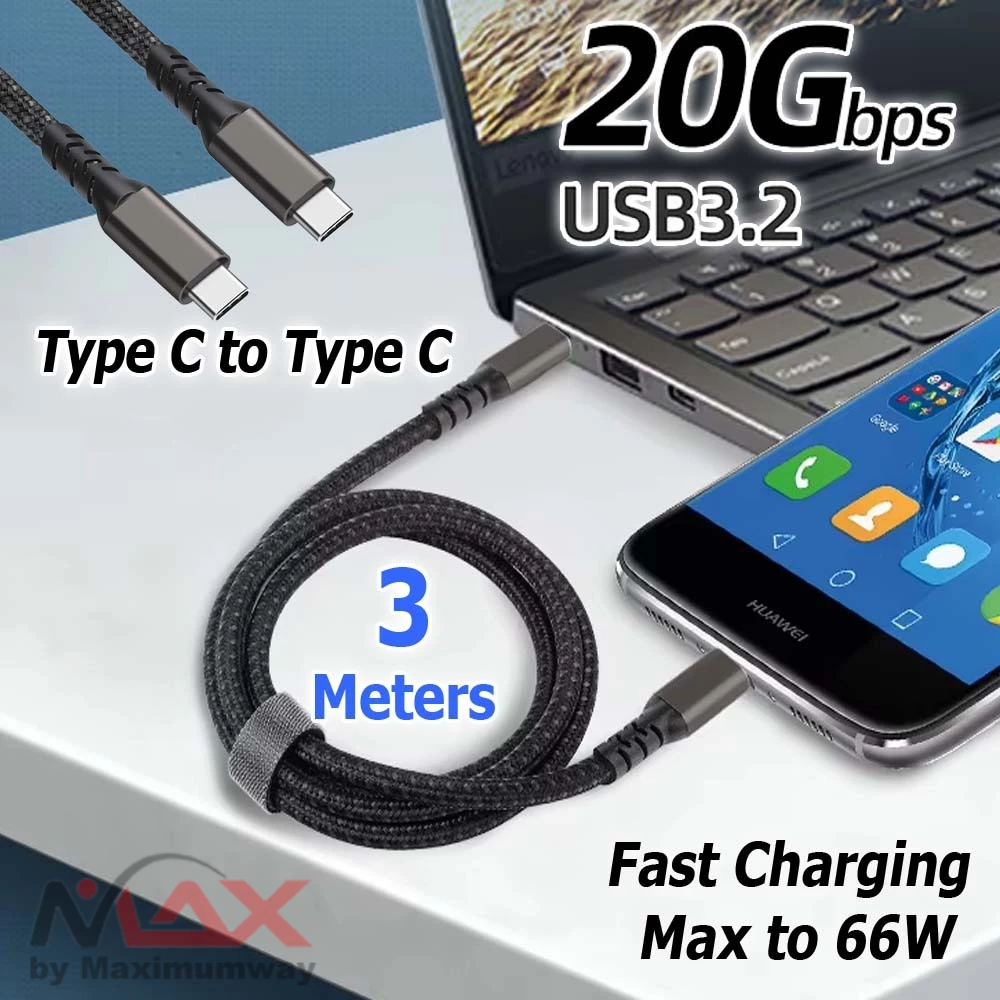 Aufu 3 เมตร USB Type C ถึง Type C Charger & Data Cable HP & Laptop Gen2 Fast Charging 6A 66W Cable