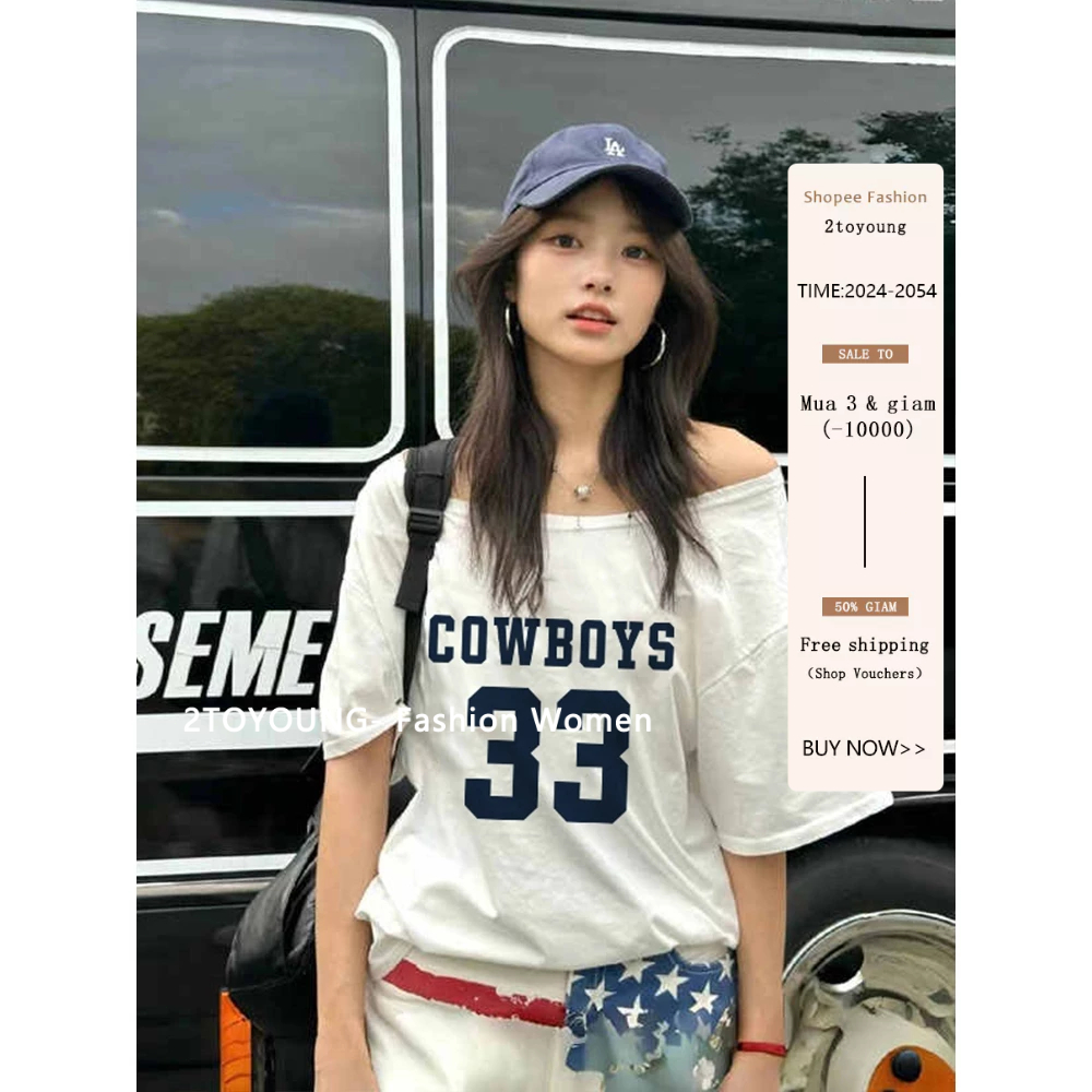 2TOYOUNG COWBOYS 33 Tshirt Y2Kไม่สมมาตรปิดไหล่ด้านบน AHS Streetwear Stockholm Vintage Retro Aestheti