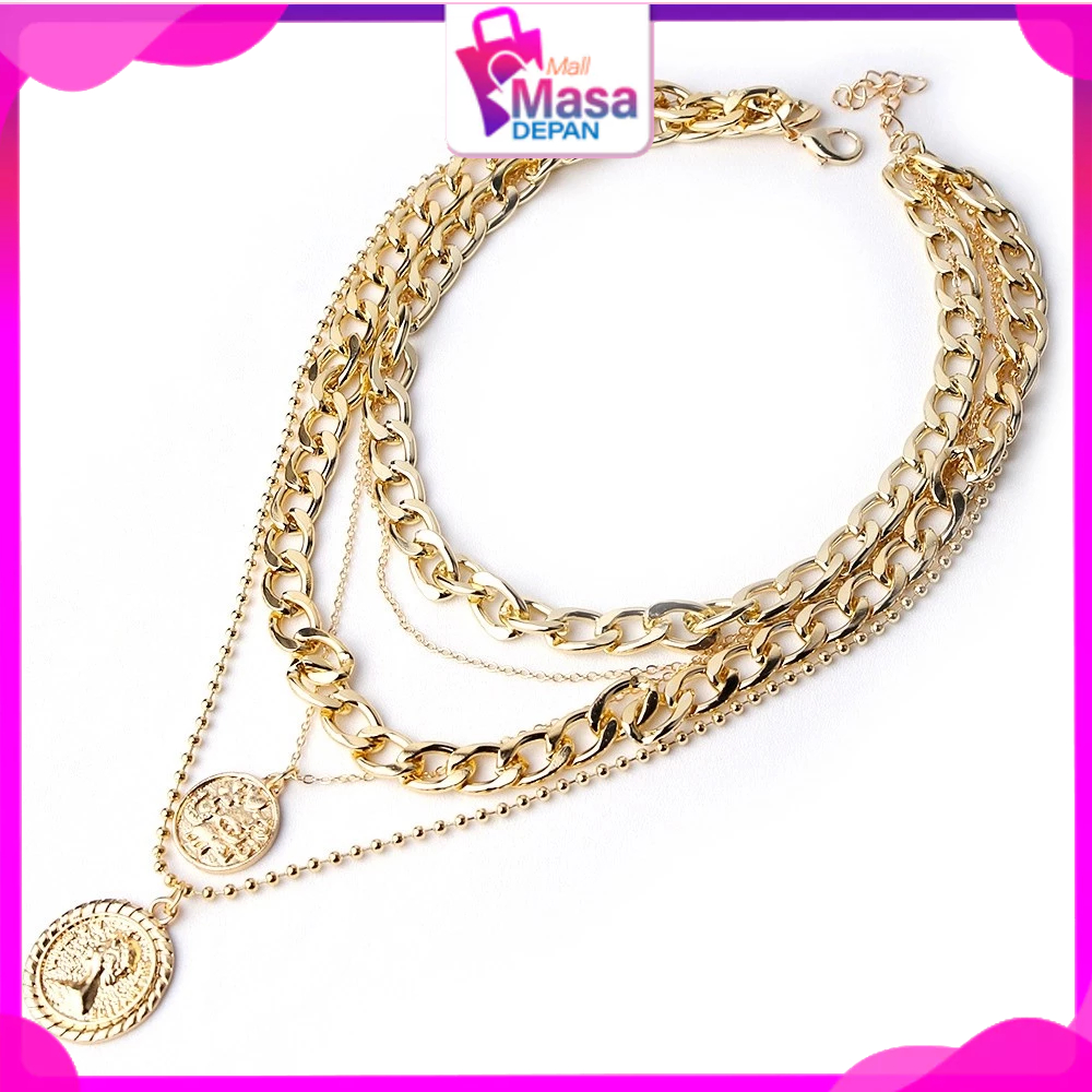 MMD Multilayer Gold Coin Chain สร้อยคอ Choker 6515 5 ชั้นสร้อยคอเหรียญ Pearl Accent สไตล์วินเทจผู้หญ