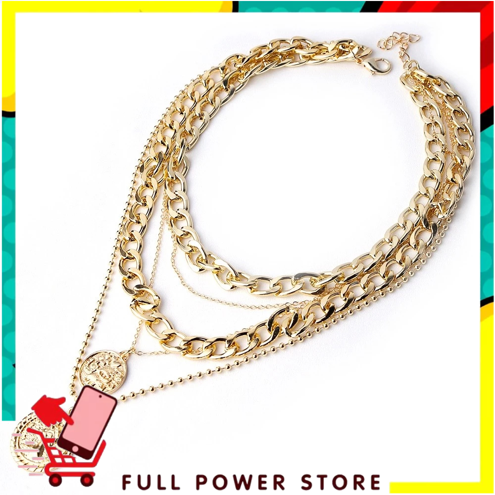 FPS Multilayer Gold Coin Chain สร้อยคอโชคเกอร์ 6515 5 ชั้นสร้อยคอเหรียญ Pearl Accent สไตล์วินเทจผู้ห