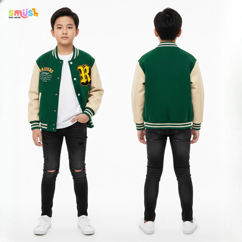 SMUSHKIDS เสื้อแจ็คเก็ตเบสบอลเด็กชาย Varsity Raiders R Uia 9-12 ปีวัสดุขนแกะ