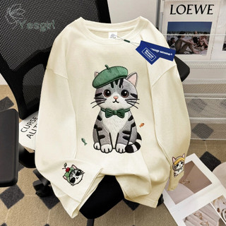 [COD] Yesgirl Korea style “Anak Kucing Bordir” print kaos kasual longgar| Lengan panjang Oversize Wanita | Busana gaya Korea lengan panjang kebesaran| Baju atasan wanita terbaru 100%cotton | Lengan panjang Cream Wanita | 5.9