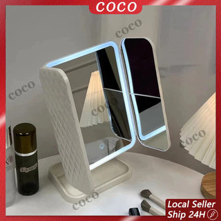 COD 3 Warna LED Rechargeable Cermin Rias Bercahaya Cermin Rias Led Shell Cermin Rias Dengan Lampu + Kotak Penyimpanan 180 ° Cermin
