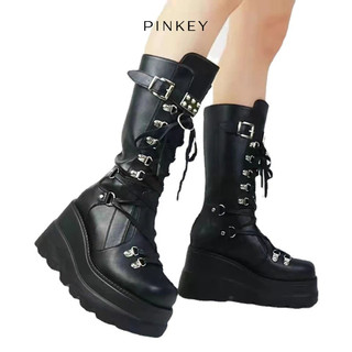 PINKEY P129 Sepatu Boots Wanita PU Sintetis Karet Hitam Tinggi 8-9cm 38-43